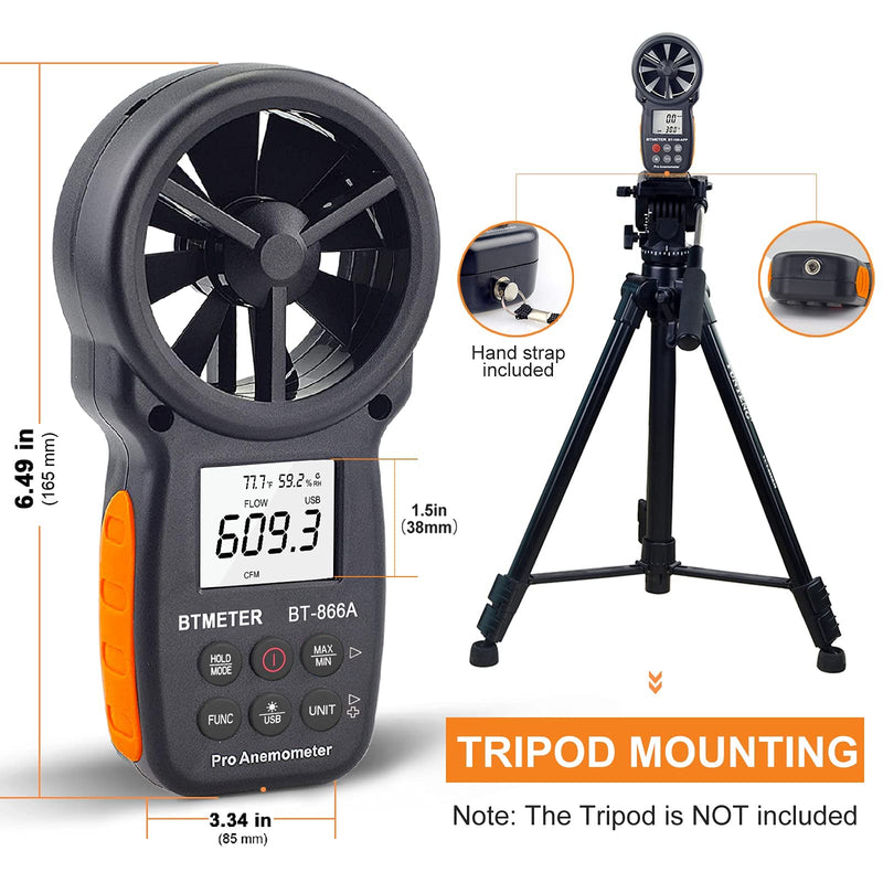 BTMETER BT-866A Pro Handheld HVAC Anemometer for CFM Air Flow, Wind Speed Meter Gauge Measures Wind Velocity Temp%RH Dew Point with USB Sync to PC BT-100WM Anemometer