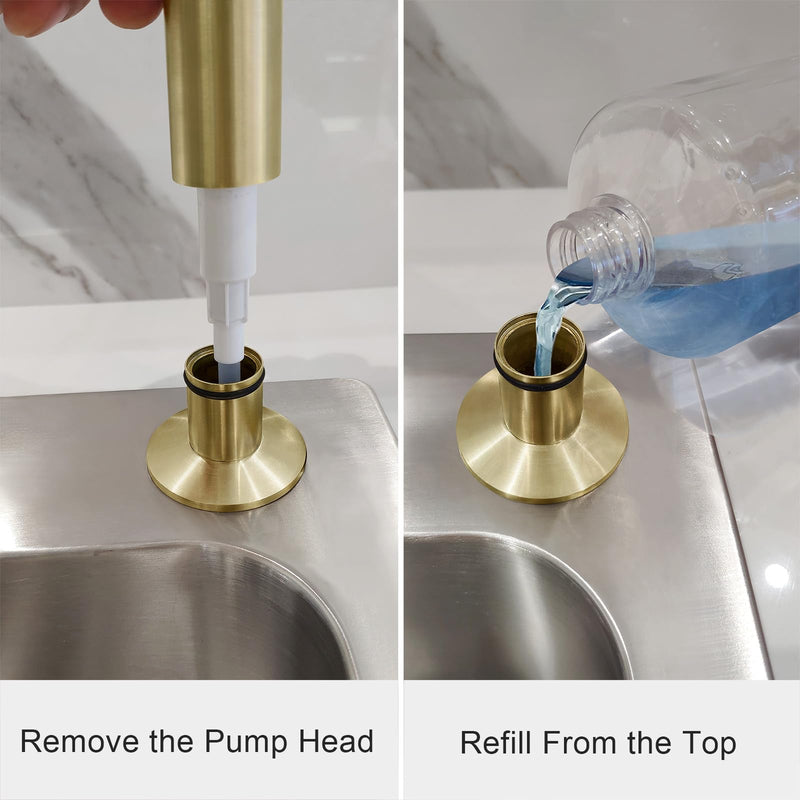 EADOT Brushed Gold Built in Dish Soap Dispenser for Kitchen Sink with 17 OZ PET Soap Bottle Refill from The Top, Under Counter Brass Pump Head Liquid Lotion Dispenser, Undermount Copper Pump Head