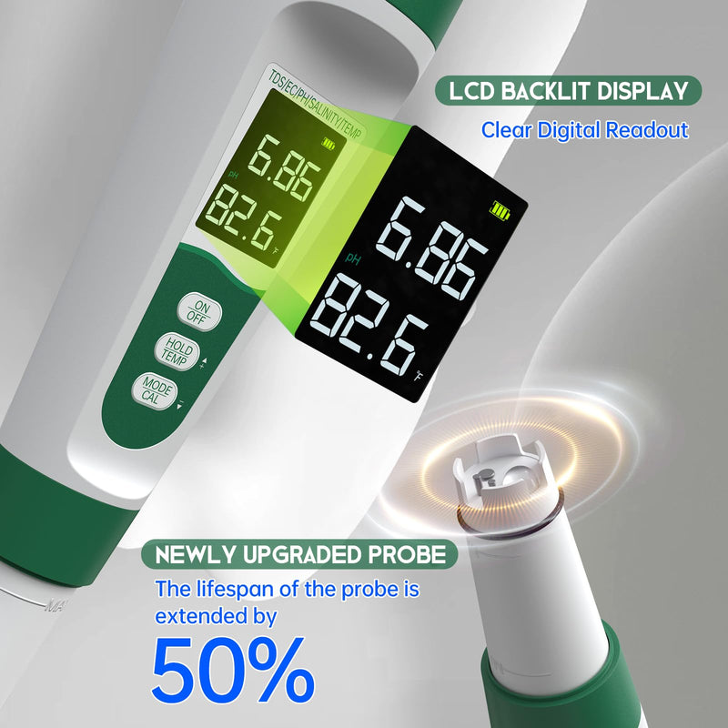 [Australia - AusPower] - Salt Tester for Saltwater Pool & pH Meter,5 in 1 Digital Water Tester for Salinity,Temp,EC,TDS Meter for Pool Salt Tester,Hot Tubs & Spas,Hydroponics,Aquarium,Accurate & Reliable,Green 5 in 1 Tester Green 
