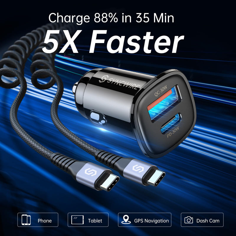 [Australia - AusPower] - Syncwire USB C Car Charger 60W [PD 30W & QC 30W] Fast Charging USB Adapter with 5FT Type C Cable Compatible with Samsung S23/S22 Google Pixel 7/7Pro iPhone 14 Pro Max and More Black 