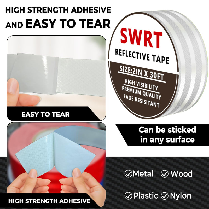 SWRT 2 Inch X 30 FT Reflective Tape Outdoor Waterproof DOT-C2 Fade Resistant White Reflective Tape Strong Adhesive Safety Warning Tape Reflector Conspicuity Tape for Trailer Trucks Bikes 2IN x 30FT