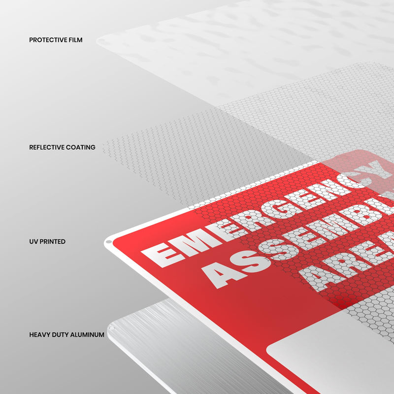 2 Pack Emergency Assembly Area 1 Sign 18 × 12 Inches Aluminum Reflective Safety Signage with Pre-Drilled Holes for Business Construction Site Warehouse