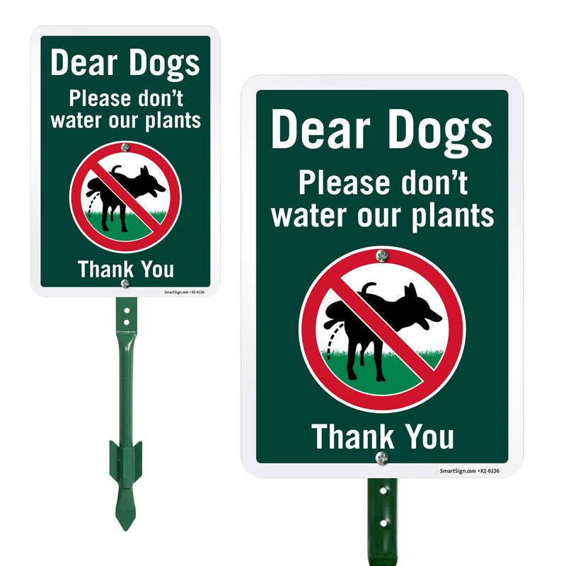 SmartSign 10 x 7 inch Dear Dogs Please Don't Water Our Plants Funny No Dog Pee sign for yard and 18 inch Stake Kit, 40 mil Laminated Rustproof Aluminum, Multicolor, Set of 1 Sign Kit