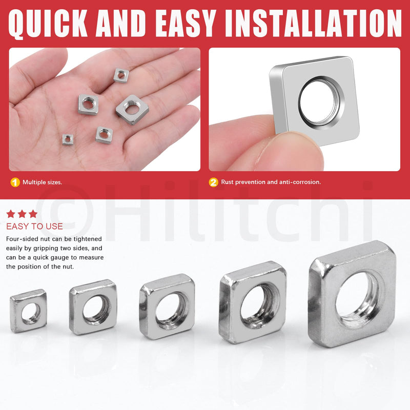 [Australia - AusPower] - Hilitchi 90Pcs Square Nuts Assortment M3 M4 M5 M6 M8 304 Stainless Steel Square Nuts Square Machine Screws Nut Metric Coarse Thread Metric Square Nut Fasteners for Home Repair(304 Stainless Steel) 