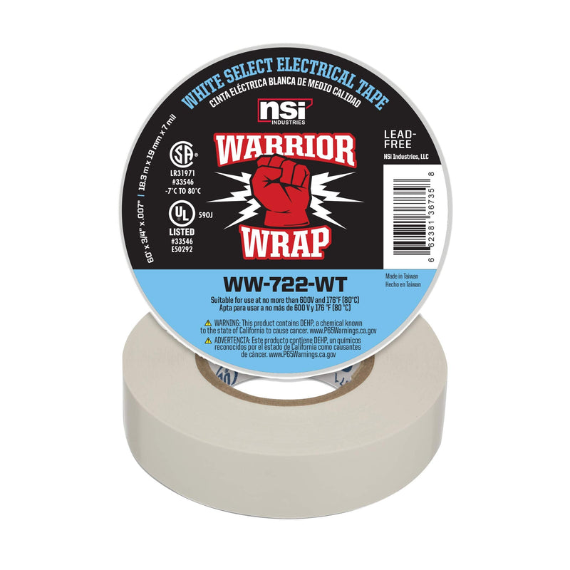 NSI WW-722-GY WarriorWrap Select 7 mil Vinyl Electrical Tape, 3/4" Width, 60' Length, White