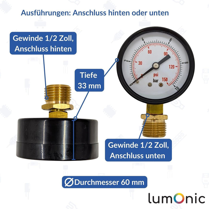[Australia - AusPower] - Lumonic I Pressure Gauge 0-6.0 Bar I 1/2 Inch I Class 2.5 I Connection Bottom I Diameter 60 mm I Pressure Gauge I for Compressed Air and Water 0-6,0bar Diameter 60 mm/connection at the bottom 