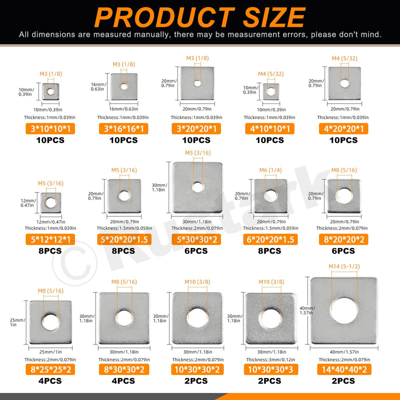 [Australia - AusPower] - 100Pcs 15 Sizes M3-M14 304 Stainless Steel Square Plate Washers Assortment Kit Square Bearing Plate Washer Square Washer Flat Washer Fastener for Construction and Industrial Equipment assorted sizes 