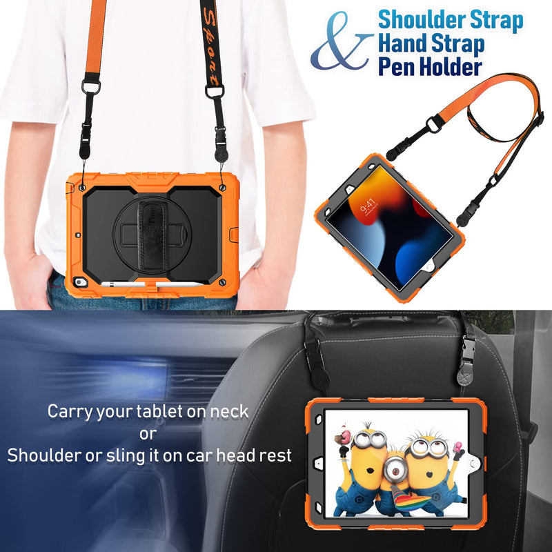 [Australia - AusPower] - Timecity Case for iPad 9th/ 8th/ 7th Generation 10.2 inch (Case for iPad 9/8/ 7 Gen): with Strong Protection, Screen Protector, Hand/Shoulder Strap, Rotating Stand, Pencil Holder - Orange Black+Orange 
