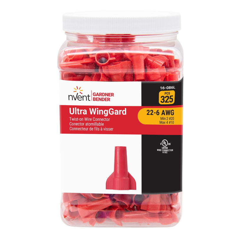 nVent Gardner Bender 16-086L WingGard Ultra Red Twist-On Wire Connectors, 325-Pk Large Jar, 600V-1000V Rated, High-Leverage Wings, Copper to Copper (Formerly: Gardner Bender) 325 Pack 22 - 6 AWG