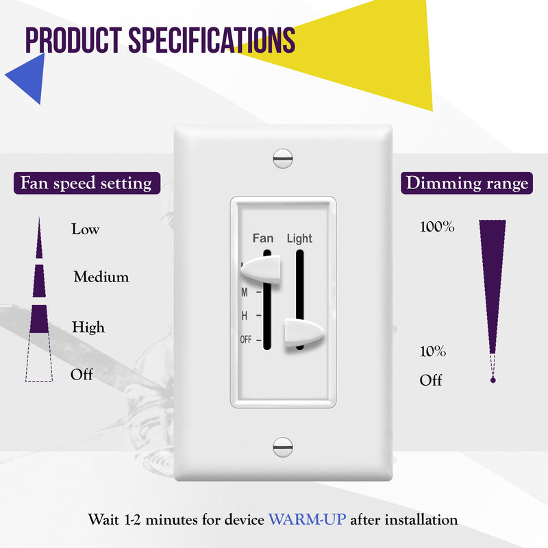 [Australia - AusPower] - ENERLITES 3 Speed Ceiling Fan Control and Dimmer Light Switch, 2.5A Single Pole Light Fan Switch, 300W Incandescent Load, No Neutral Wire Required, 17001-F3-W, 120 Volts (AC), White, 2 Pack 