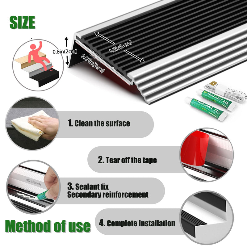 Aluminum Stair Edge Protector - Non-Slip Stair Treads & Nosing for Staircases & Porch, Easy-to-Install (Silver-Black 6PCS 35.4inch) Silver-Black02 6