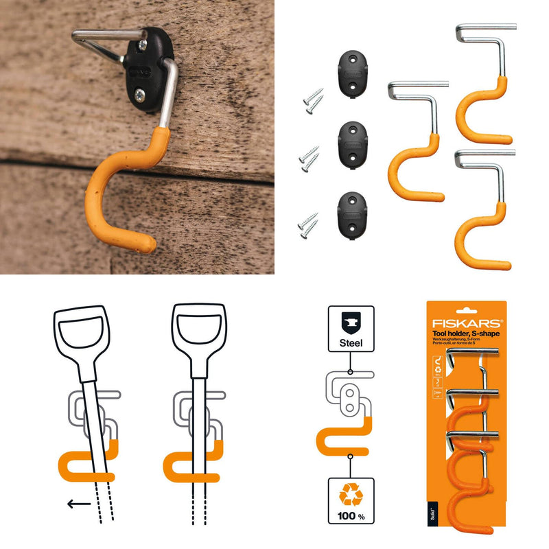 [Australia - AusPower] - Fiskars 3 Pack Solid S Shape Garden Tool Holder Wall Brackets for Long Handle Garden Tools Soft Cover Recycled Material Orange 1057584 