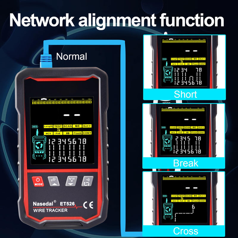 [Australia - AusPower] - Network Cable Tester Wire Tracker Tone Generator Ethernet Tester Multimeter VFL 3-in-1 RJ45 CAT5 CAT6 CAT7 CAT8 RJ11 Cable Length Cable Mapping Test Port Flashng 3 pcs Remote (ET526) ET526 