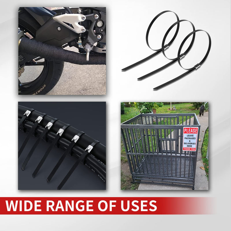 [Australia - AusPower] - Metal Zip Ties black 100pcs 11.8 inch 304Stainless steel Epoxy Coated Cable Tie Multi-purpose Self-locking Cable Ties used for machinery, vehicles, farms, cables, pipesas well as Outdoor binding 