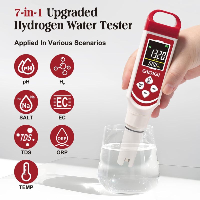 Upgraded Hydrogen Water Tester Meter Verified Digital 7-in-1 H2 ORP pH Meter Salt TDS EC Water Tester for Hydrogen Bottle, Pool, Aquarium, Drinking Water, Hydroponic