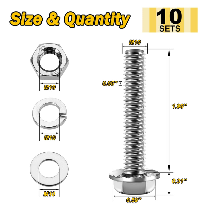 [Australia - AusPower] - M10 x 50mm (10 Sets) M10x1.5 Bolt Flanged Hex Head Nuts and Bolts, M10 Bolt Flange Hexagon Screws with Nuts and Washers, 304 Stainless Steel 18-8 Metric Screw Assortment, DIN 6921, by Mywish Silver-M10 