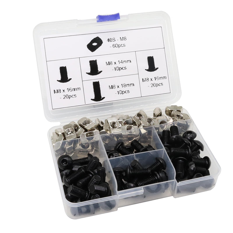[Australia - AusPower] - 120Pcs 4040 Aluminum Extrusion Hardware Black Kit - M8 T Slot Nuts & Bolts 10Pcs M8x14, 40 M8x16, 10 M8x18, 60Pcs 40 Series M8 Drop-in T Nuts, Compatible with 4040 4080 Extrusion Accessories 
