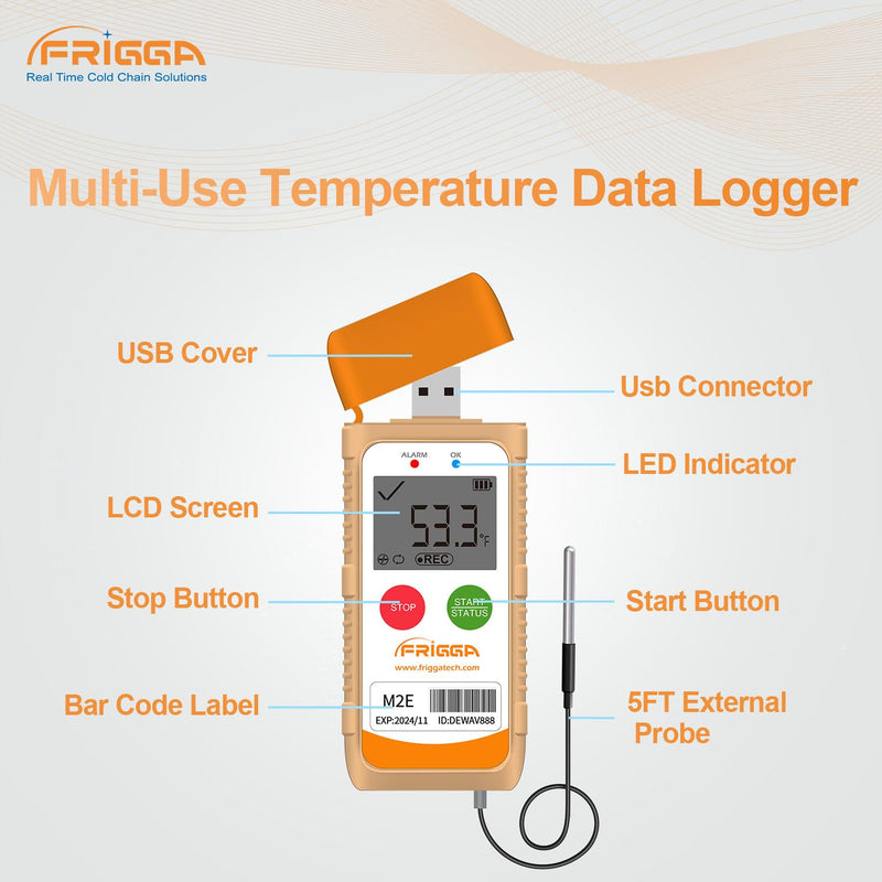[Australia - AusPower] - Frigga M2E Reusable Temperature Data Logger with External Probe Multi-Use Digital Refrigerator Thermometer USB 14400 Points High Accuracy Temperature Recorder PDF CSV Report 1pack 