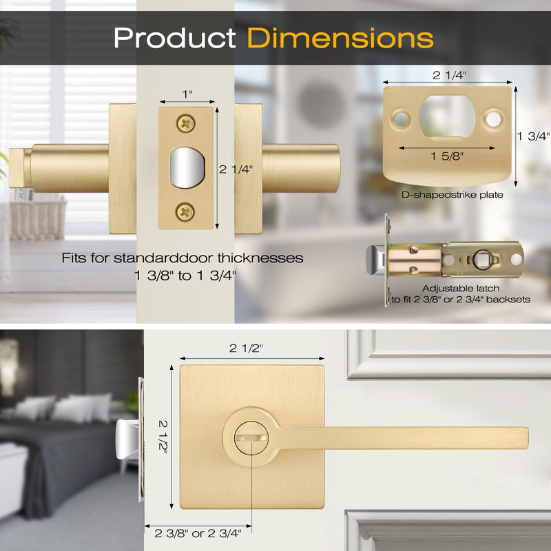 EHOMEWARE 1 Pack Gold Door Handles, Heavy Duty Door Knobs Interior for Bedroom Bathroom, Zinc Alloy Privacy Door Levers Door Handle with Lock, Satin Brass Modern Door Hardware & Locks Privacy Door Lever