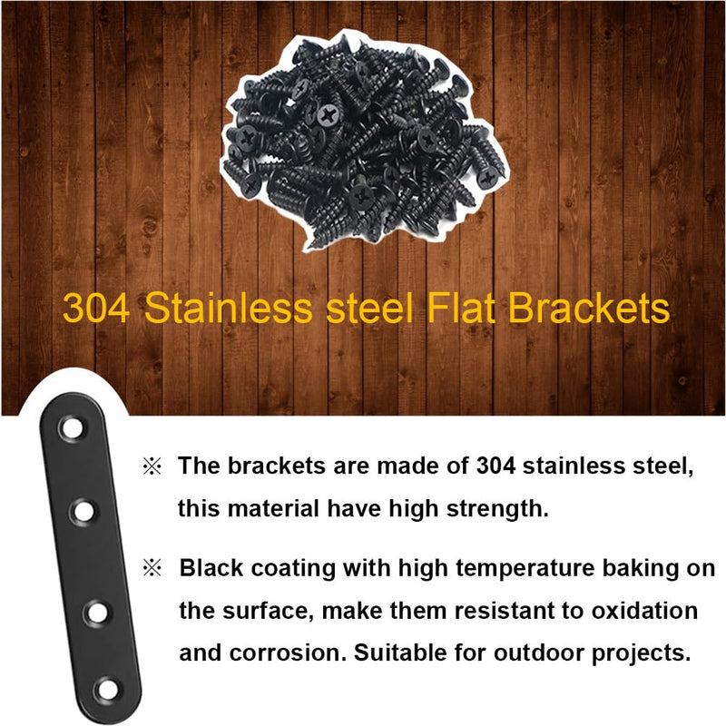 [Australia - AusPower] - 12Pcs Black Straight Brackets 3 Inch Stainless Steel Flat Brace Mending Plates, Sturdy Metal Repair Fixing Joining Brackets for Wood Furniture with Screws 12 