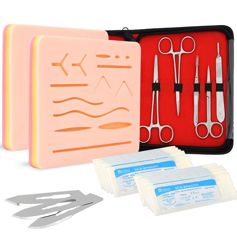 [Australia - AusPower] - Complete Suture Practice Kit for Medical Students, Improved Stitches Kit Medical Including 2 x Large Suture Pads 1 x Plain, 1 x Pre-Cut, 5 Suture Tools, Surgical Practice Kit (Education Use Only) 
