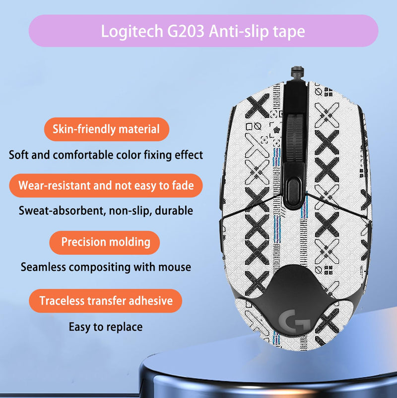 NOUKAJU Mouse Grip Tape Full Coverage for Logitech G203, Mouse Anti Slip Grip Tape,Self-Adhesive PreCut Sweat-Resistant Professional Mice Upgrade Kit(White)