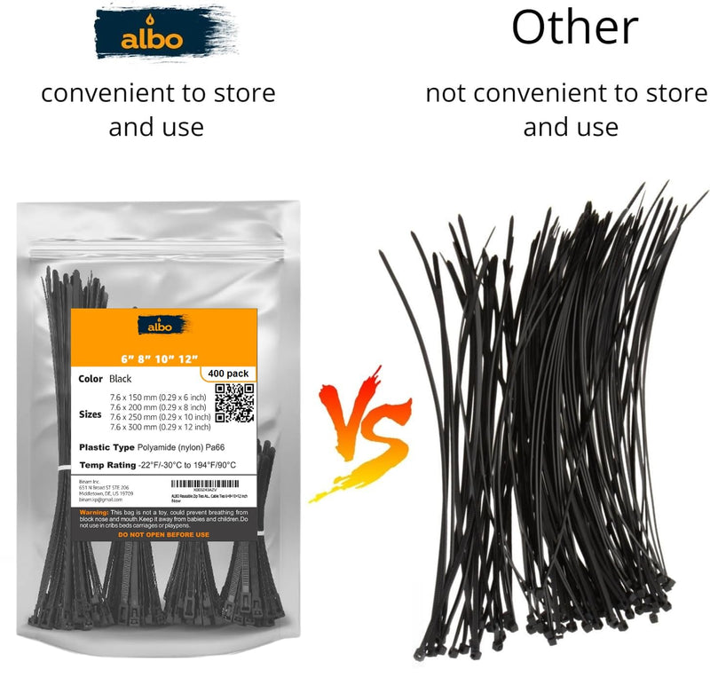 [Australia - AusPower] - ALBO Black Zip Ties Assorted Sizes 400 Pack Plastic Cable Ties 6+8+10+12 inch Wire Tie UV Resistant Nylon Tie Wraps Assorted Sizes Black Assorted Sizes 400 Pack 