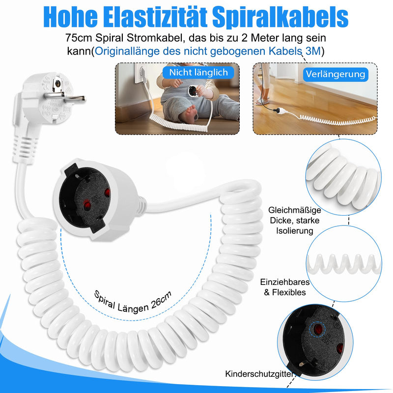[Australia - AusPower] - Schuko Extension Cable Spiral 2 m, Protective Contact Spiral Extension Stretchable from 0.75 m to 2 m, 3680 W Spiral Cable Extension Spiral Cable Plug Cable with Schuko Plug and Coupling, White 