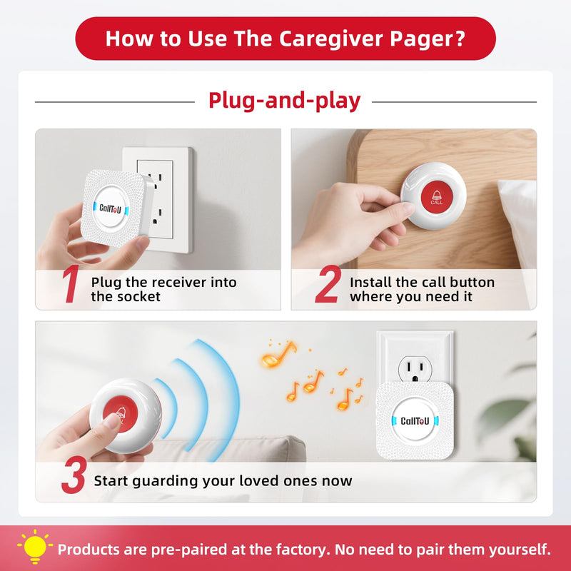 CallToU Caregiver Pager Elderly Alert Call Button for Seniors Smart Patient Call Bell Wireless Emergency Button System Adult Monitors at Home 3 Plugin Receivers 3 Waterproof Portable Transmitters 3 call buttons + 3 receivers