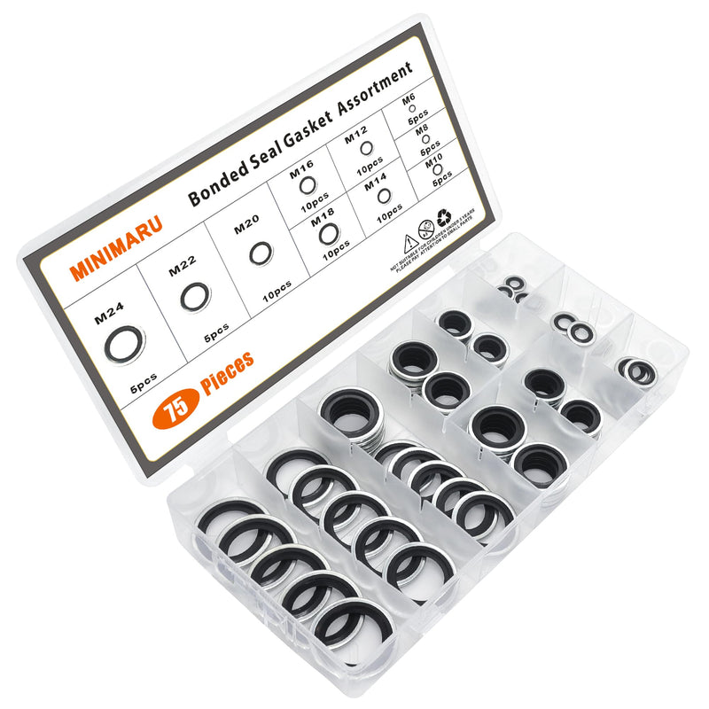 [Australia - AusPower] - Automotive Self-Centered Bonded Seal Gasket Assortment Kit Bonded Seal Oil Washer Assortment Kit, 10 Sizes 75 PCS Stainless Steel 