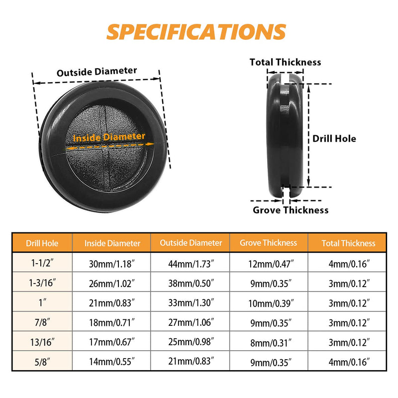 [Australia - AusPower] - mankk 33Pcs Rubber Grommet Kit 6 Size (5/8" 13/16" 7/8" 1" 1-3/16" 1-1/2") Drill Hole Round Double Sided Rubber Hole Plug with Retractable Box Knife for Protecting Cable Wire M-119-33PCS 