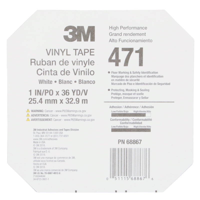 3M Vinyl Tape 471, 1 in x 36 yd, White, 1 Roll, White Floor Tape, Paint Alternative for Floor Marking, Social Distancing, Color Coding, Safety Marking