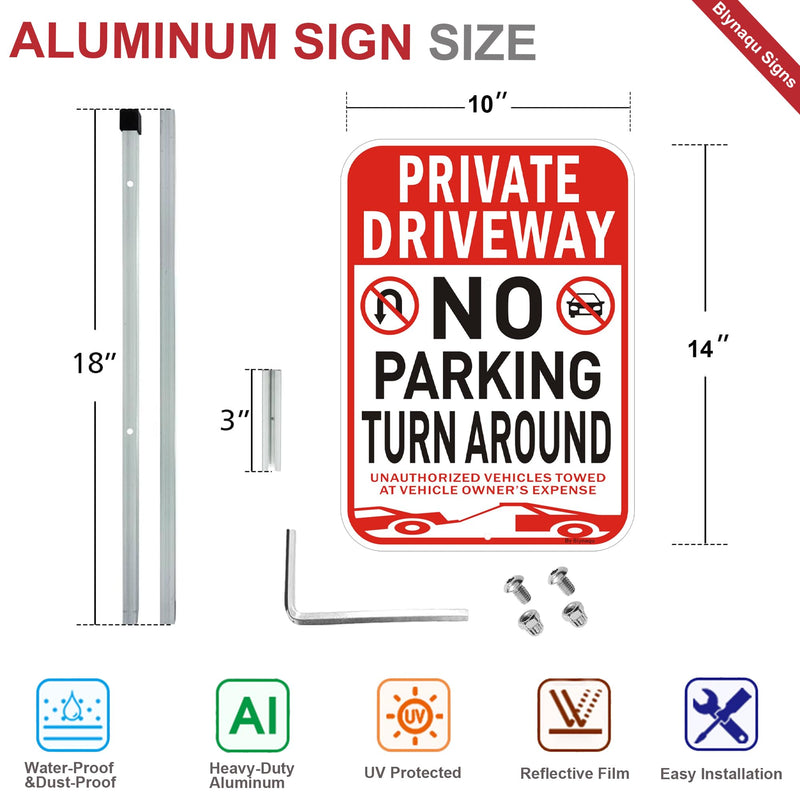 2Pack Private Driveway No Turn Around Sign, 14” x10” No Parking Signs with 36” Alloy Stake, Fade Resistant Reflective Aluminum,Waterproof, Easy to Mount 2Pack with Alloy Stake