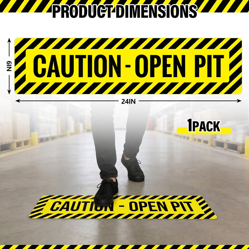 Mifoci CAUTION-OPEN PIT Floor Sign, Anti-slip 6 x 24 Inch PVC Adhesive Decal, Non-slip Safety Warning for Warehouse, Factory, Workshop, Workplace, Black on Yellow