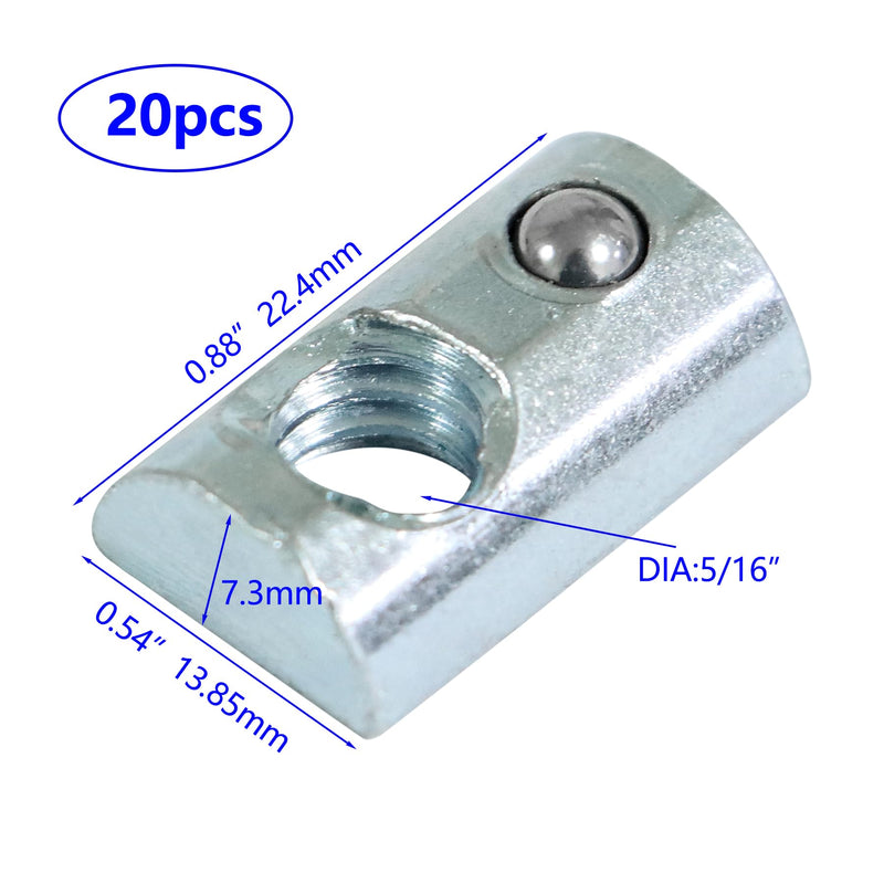 [Australia - AusPower] - 5/16”-18 Threaded Steel Roll in T-Nut with Ball Spring, T-Slot Nuts Accessory Hardware Nuts for 15 or 40 Series Aluminum Extrusion Profiles Rail, 20 Packs 
