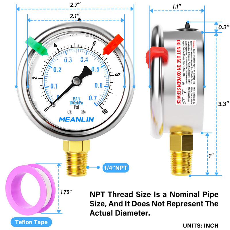 [Australia - AusPower] - MEANLIN MEASURE 0~10Psi Liquid Filled Pressure Gauge 1/4" NPT 2.5" FACE DIAL Stainless Steel Glycerin Filled WOG Water Oil Air Lower Mount (with 2PCS Snaps) 0-10Psi 