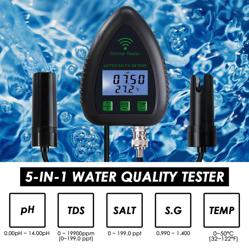 [Australia - AusPower] - 5-in-1 WiFi pH Monitor, Water Quality Tester, pH/S.G/TDS/Salt/Temperature 24/7 Online Hydroponic Monitoring WiFi Tester with Data Logging and Alarm for Aquarium Fish Pond Saltwater Pool 