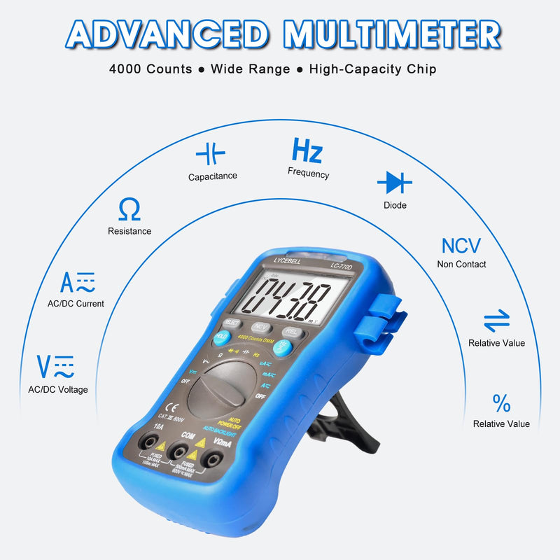 [Australia - AusPower] - Digital Multimeter Tester 4000 Counts, AC DC Volt Ohm Amp Meter Auto Ranging Circuit Electrical Tester Tools Test Voltage, Current, Resistance, Diodes, Batteries Automotive Multimeter Kit 