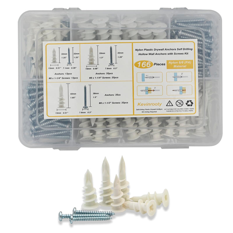 [Australia - AusPower] - 3 Sizes Self Drilling Drywall Anchors, 166PCS Nylon Plastic Wall Anchors and Screws for Drywall, No Pre Drill Hole Preparation Required,13x32mm,15x33mm,13x42mm 