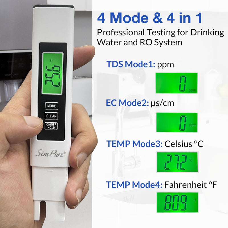 [Australia - AusPower] - SimPure TDS Meter Digital Water Tester, 4 in 1 TDS EC & Temperature Meter, Water Quality Hardness Testing Kits, High Accuracy PPM Meter for Drinking Water, Hydroponics, Aquarium, Pool, RO System 