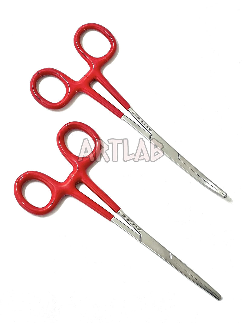 German Vinyl Grip Locking Straight & Curved Hemostat -Hemostat Forceps- Stainless Steel Locking Tweezer Clamps - Ideal Hemostats for Nurses, Fishing Forceps, Crafts and Hobby (RED STR+CVD 6.25") RED STR+CVD 6.25"