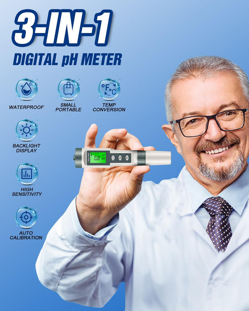 [Australia - AusPower] - pH Meter & TDS Meter, 0.01 High Precision Water Quality Tester TDS/pH/Temp 3-in-1 pH Tester for Water, 0-14 pH Test Range, Easy to Read, Calibrate, PPM Meter for Drinking Water, Wine, Food and Pool White 