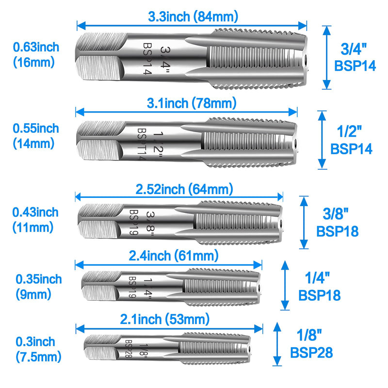 [Australia - AusPower] - 5 Piece BSP Pipe Tap Set, 1/8", 1/4", 3/8", 1/2", 3/4" BSP Tap Set, Carbon Steel, Hand Tap Set for Accurate Threads, Various 3/4, 1/2, 3/8, 1/4, 1/8 