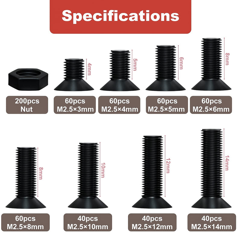 [Australia - AusPower] - 620 Pcs M2.5 Flat Head Machine Screws Black Phillips Screws Bolts Nuts Assortment Kit M2.5 x 3mm/4mm/5mm/6mm/8mm/10mm/12mm/14mm 
