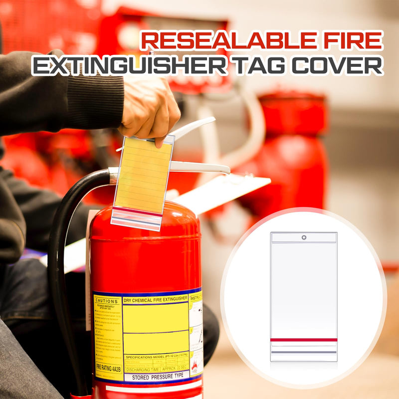 Faccito 50 Pcs Resealable Fire Extinguisher Tag Cover Waterproof Clear Fire Extinguisher Inspection Tag Covers Plastic Sleeve Annual Card Holder Label Bags