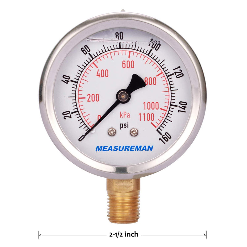 [Australia - AusPower] - MEASUREMAN 2-1/2" Dial Size, Glycerin Filled Pressure Gauge, 0-160psi/kpa, 304 Stainless Steel Case, 1/4" NPT Lower Mount 2 Pack 0-160 psi / 2PCS 