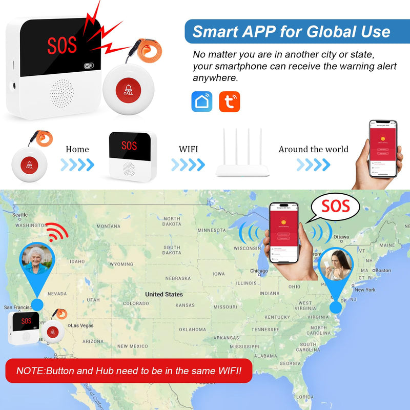 [Australia - AusPower] - WiFi Rechargable Smart Wireless Caregiver Call Button Nurse Calling Life Emergency Alert System for Seniors Elderly Patient Disabled Kids 3 SOS Panic Buttons 1 Receiver (only Supports 2.4GHz Wi-Fi) 3 Button & 1 Receiver 