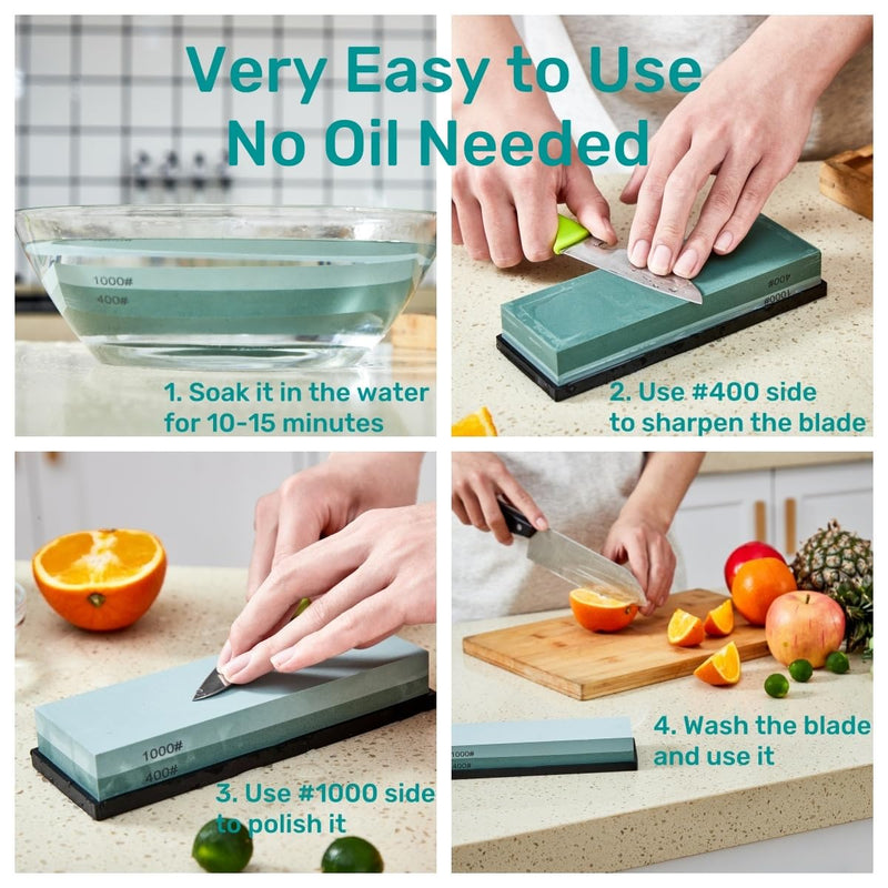 [Australia - AusPower] - Knife Sharpening Stone with Non-slip Rubber Base, 400/1000 Grit Premium Whetstone, Double-Sided Knife Sharpener for Kitchen, Waterstone for Honing Blades Manually 
