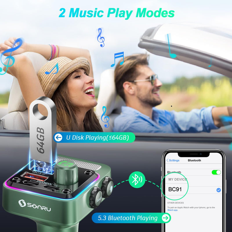 [Australia - AusPower] - Bluetooth 5.3 FM Transmitter Car Adapter - SONRU Car Charger 54W [PD 36W & QC3.0 18W], Wireless FM Radio Transmitter [HiFi Treble & Bass Player], 5 Colors LED Backlit, Hands-Free Calling, U-Disk FT1018-US 