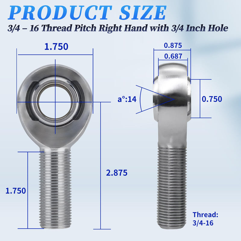 [Australia - AusPower] - RH 3/4"-16 Thread x 3/4" Bore, Chromoly Rod End Heim Joint Steering Shaft Support, Spherical Rod End, 3/4-16 in Right Hand Male Thread(.750)-2Pk 